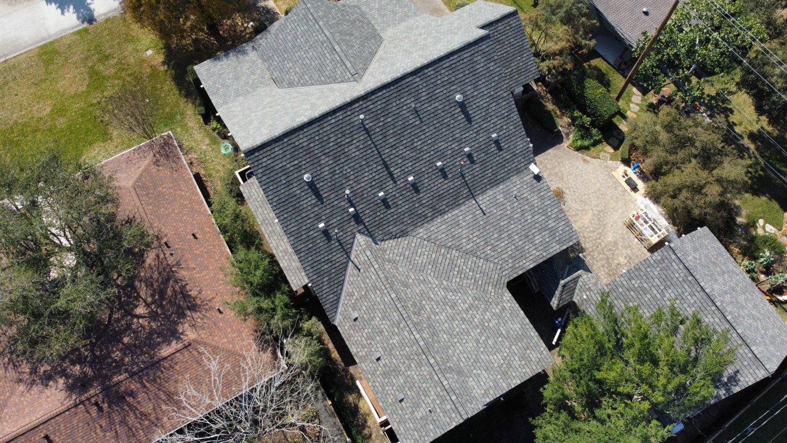 Top view of new CertainTeed Grand Manor roof in El Lago TX showing full roof system layout