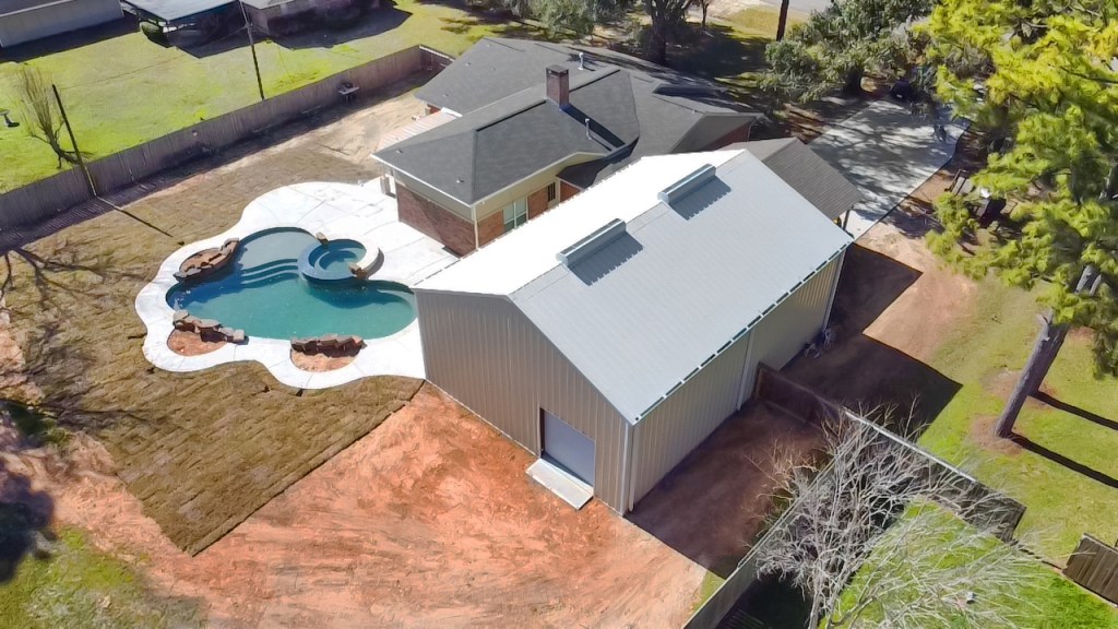 Custom shop building construction in Pearland TX by 12 Bravo Construction aerial view